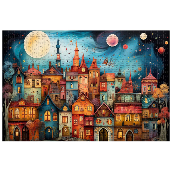 Weird Town-2 jigsaw puzzle featuring colorful houses under a starry night sky, promoting focus and mind engagement.
