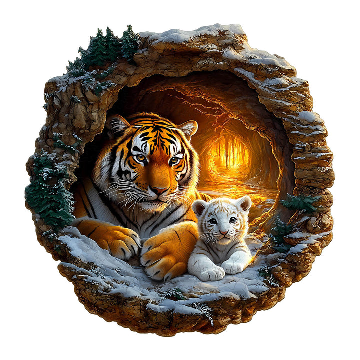 3D Tiger Family-2 wooden jigsaw puzzle featuring majestic tigers in a snowy cave setting for puzzle enthusiasts.