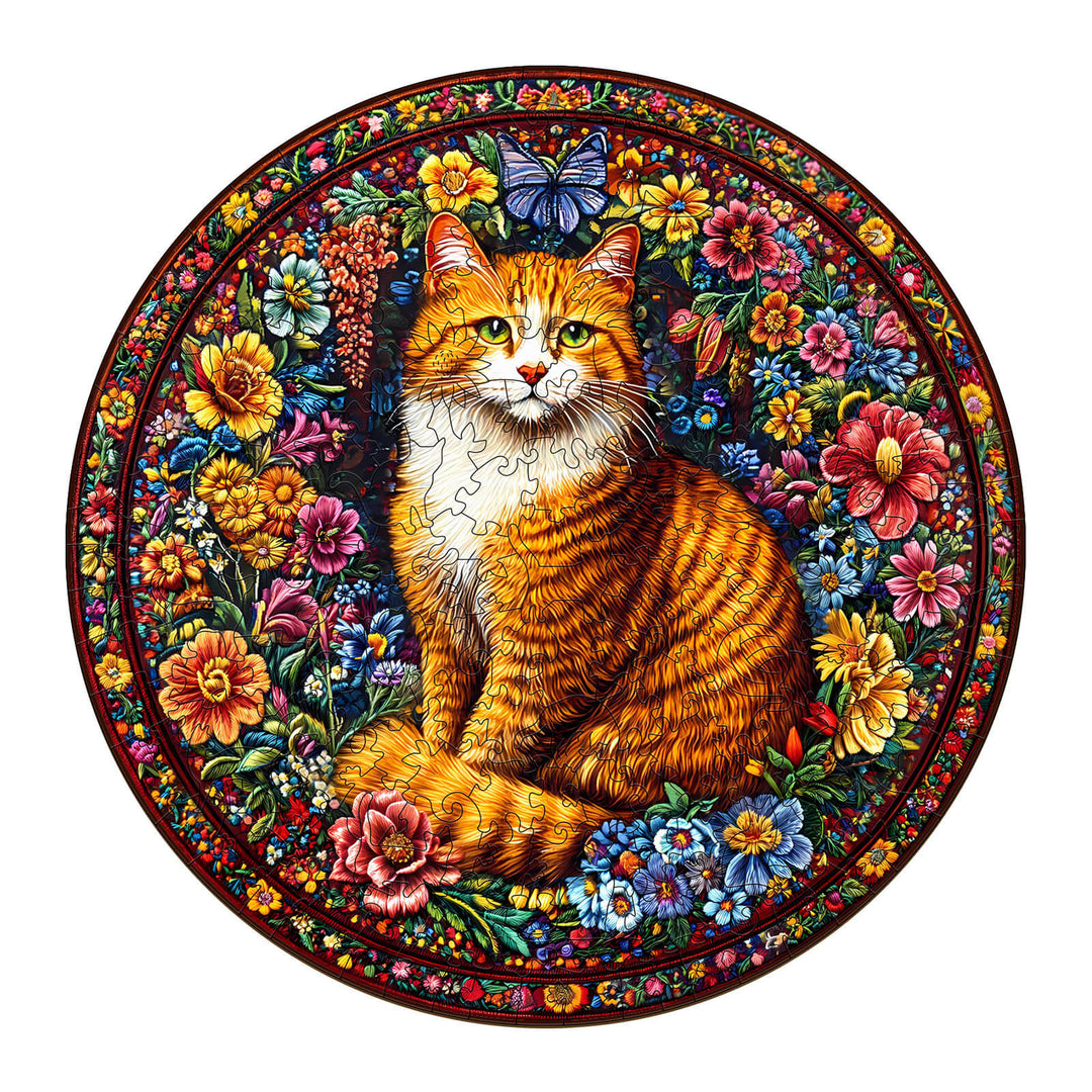 Colorful Floral Feline Wooden Jigsaw Puzzle featuring orange cat among vibrant flowers and butterfly.