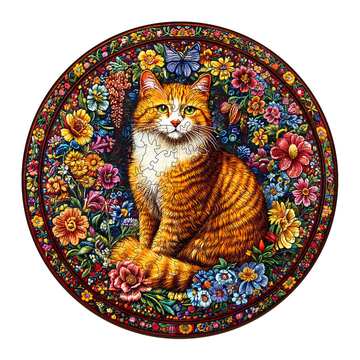 Colorful Floral Feline Wooden Jigsaw Puzzle featuring orange cat among vibrant flowers and butterfly.