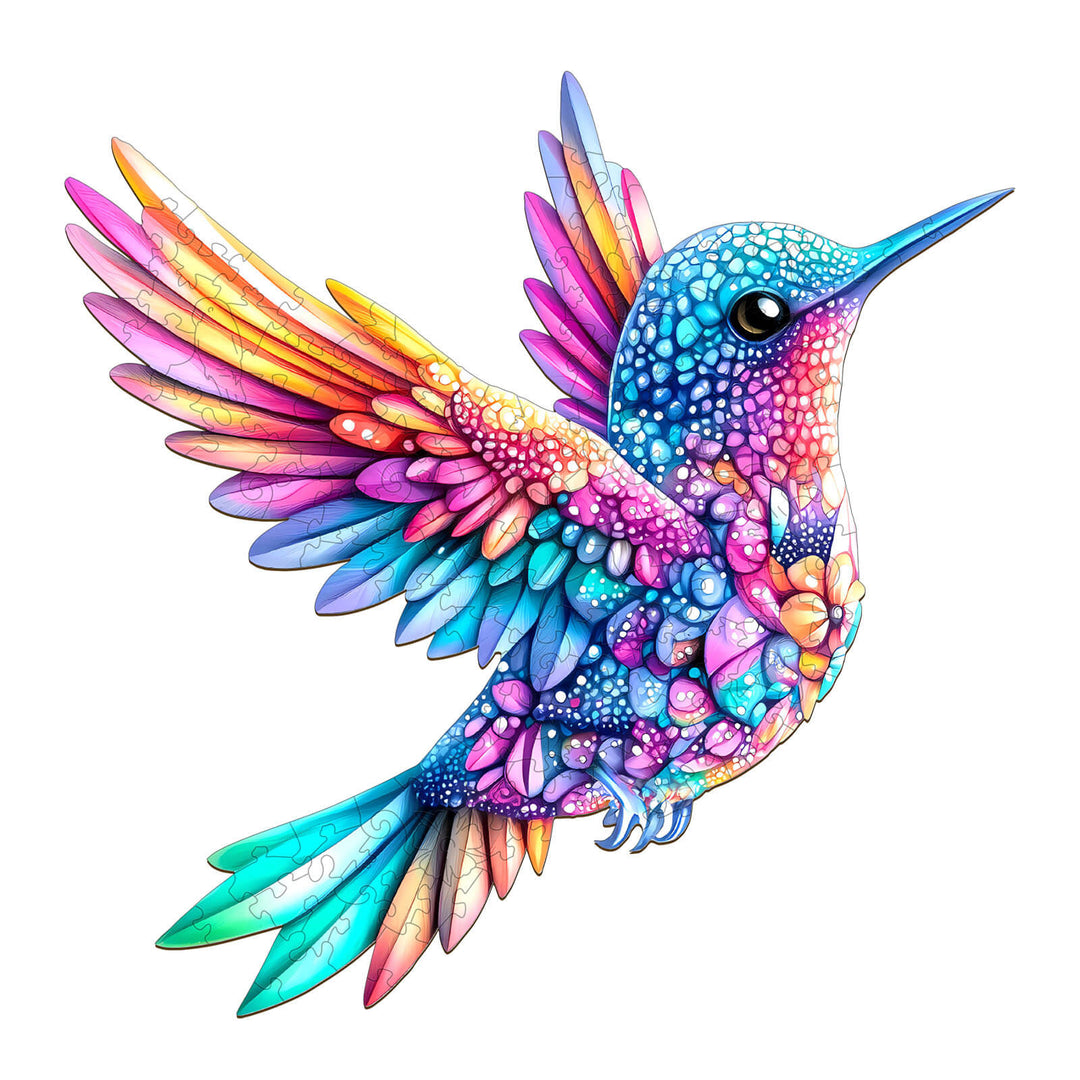 Colorful jewel hummingbird illustration showcasing vibrant patterns and details for a wooden jigsaw puzzle.