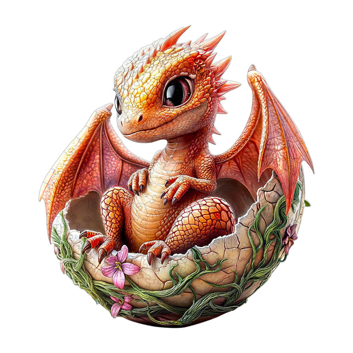 Whimsical Dragonet wooden jigsaw puzzle featuring a cute dragon sitting in an egg with vines and flowers. Perfect for mind games!