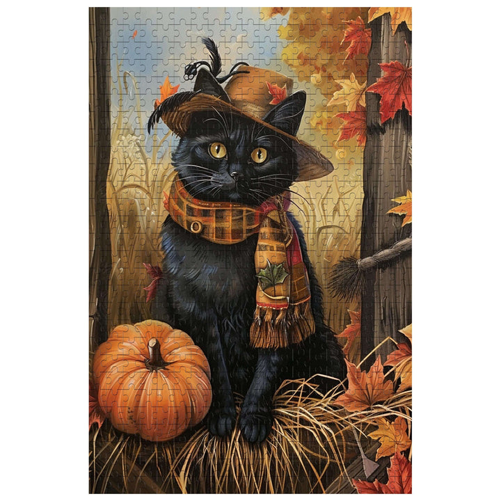 Mr. Cat 500 / 1000 Piece Puzzle featuring a black cat in a hat with a scarf and pumpkin, perfect for puzzle enthusiasts.