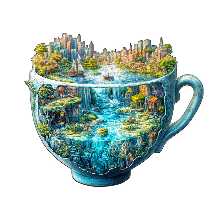 Colorful Urban Forest Cup jigsaw puzzle featuring a lush landscape with waterfalls, buildings, and boats.