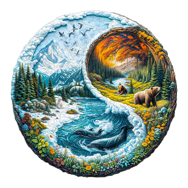 Yin yang glacial forest wooden jigsaw puzzle featuring serene nature scenes with bears and whales in vibrant colors.