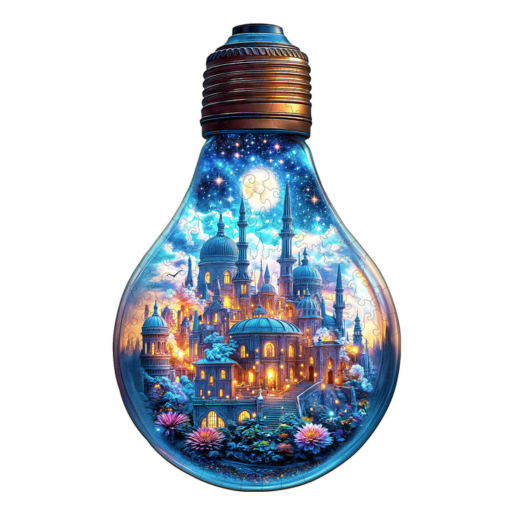 Colorful Moonlit Realm wooden jigsaw puzzle featuring a magical city inside a light bulb, perfect for puzzle enthusiasts.