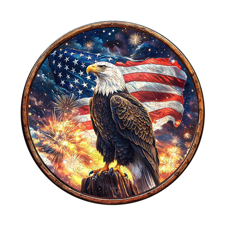 Eagle's Pride Wooden Jigsaw Puzzle featuring a majestic eagle and American flag with fireworks background.