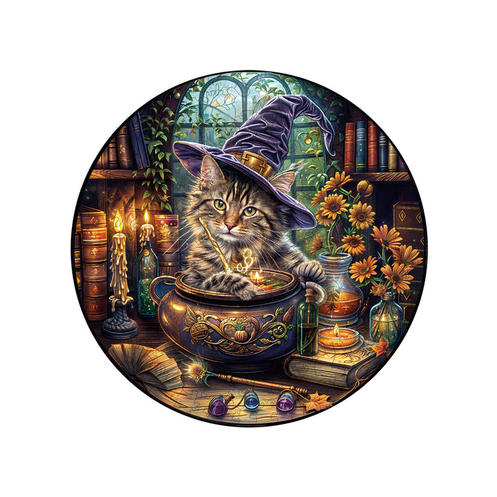Magic Feline wooden jigsaw puzzle featuring a cat in a wizard hat, brewing potions surrounded by books and candles.