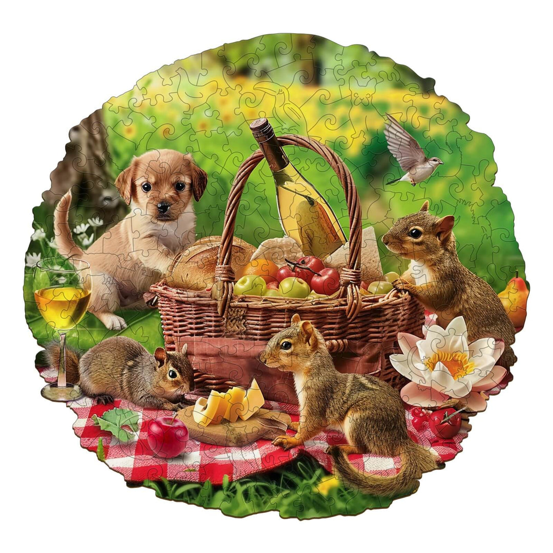 Wooden jigsaw puzzle depicting an animal picnic scene with a puppy, chipmunks, and a colorful picnic basket.