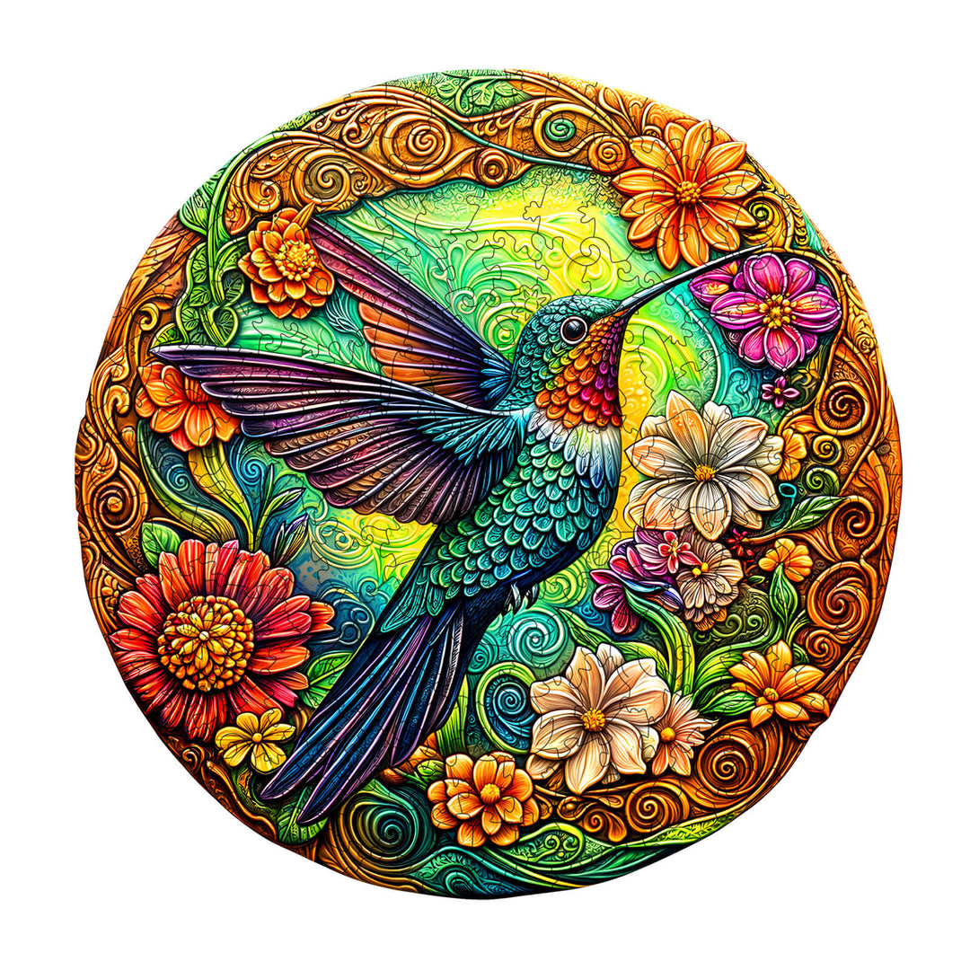 Vintage Hummingbird wooden jigsaw puzzle featuring vibrant flowers and intricate designs for mind engagement and focus.
