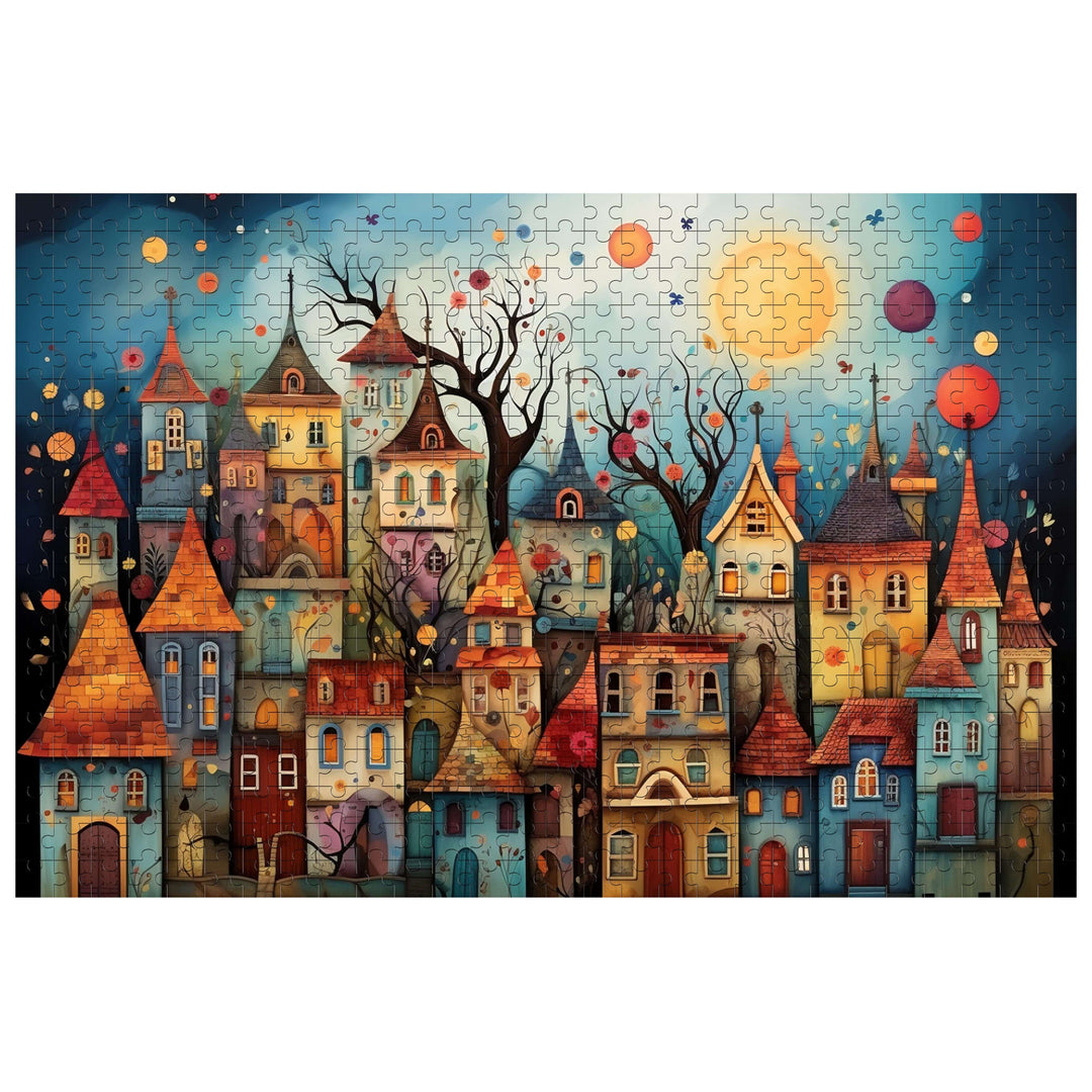 Whimsical Weird Town 500/1000 piece puzzle showcasing colorful houses and a vibrant night sky.