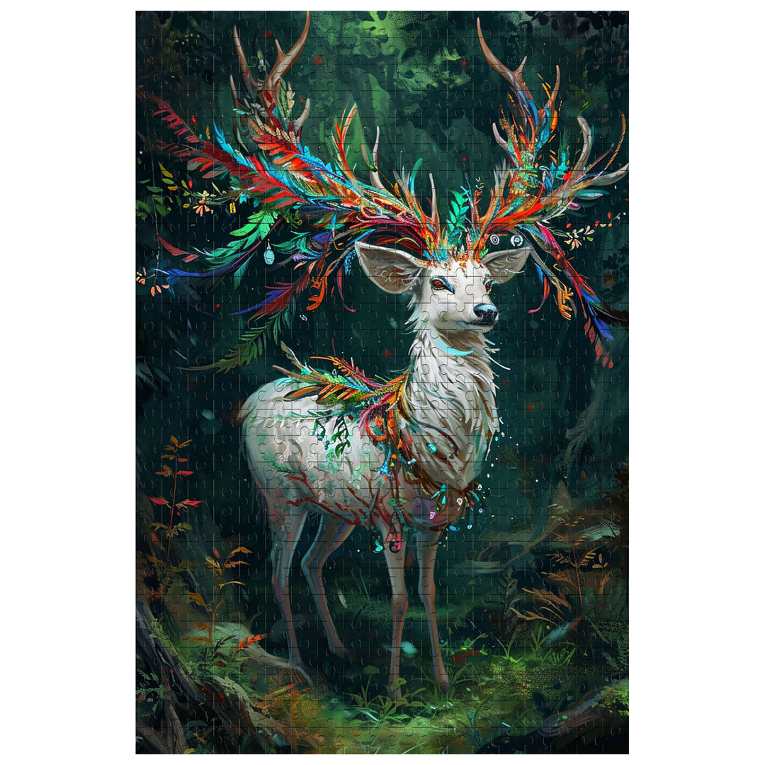Colorful Deer jigsaw puzzle featuring a vibrant deer with decorative antlers in a lush forest environment.