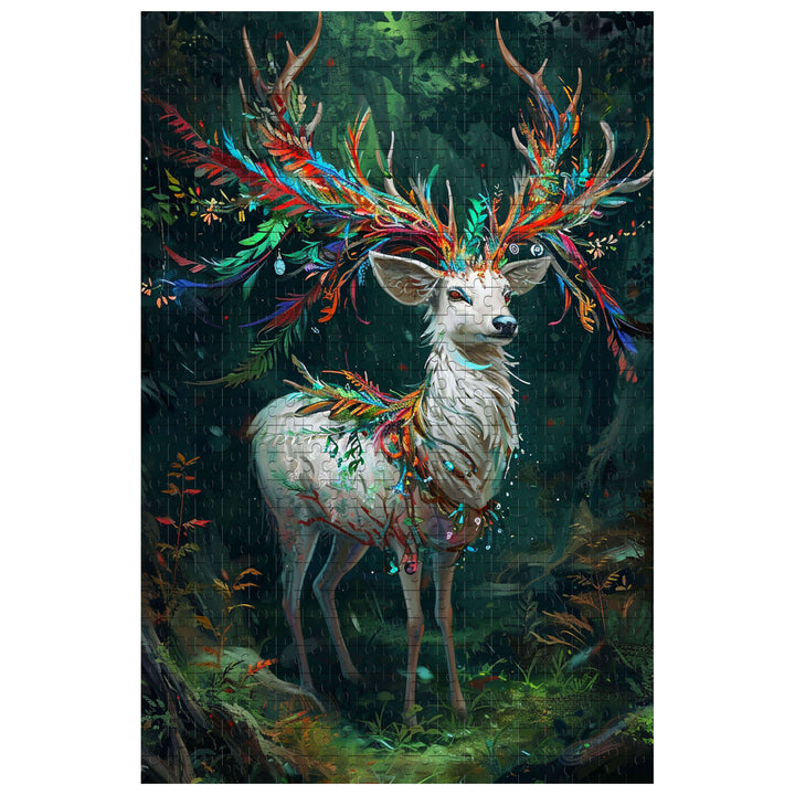 Colorful Deer jigsaw puzzle featuring a vibrant deer with decorative antlers in a lush forest environment.
