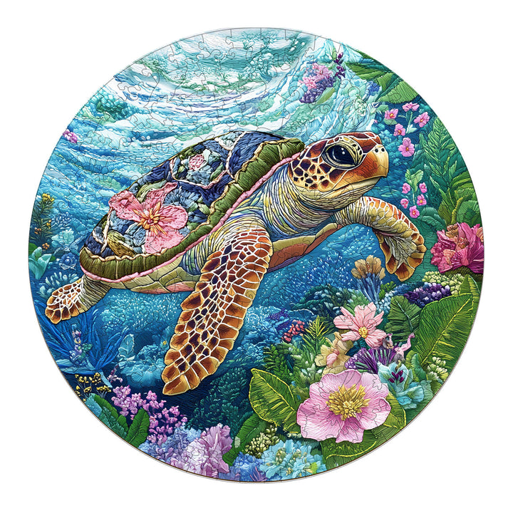 Colorful embroidered turtle wooden jigsaw puzzle design featuring vibrant underwater flora and fauna.