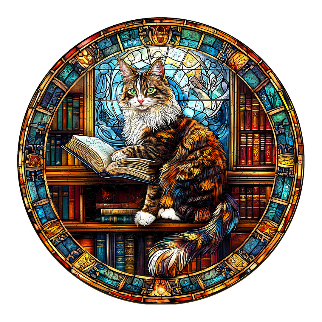Colorful Maine cat in a library reading a book, perfect for puzzle lovers and cat enthusiasts.