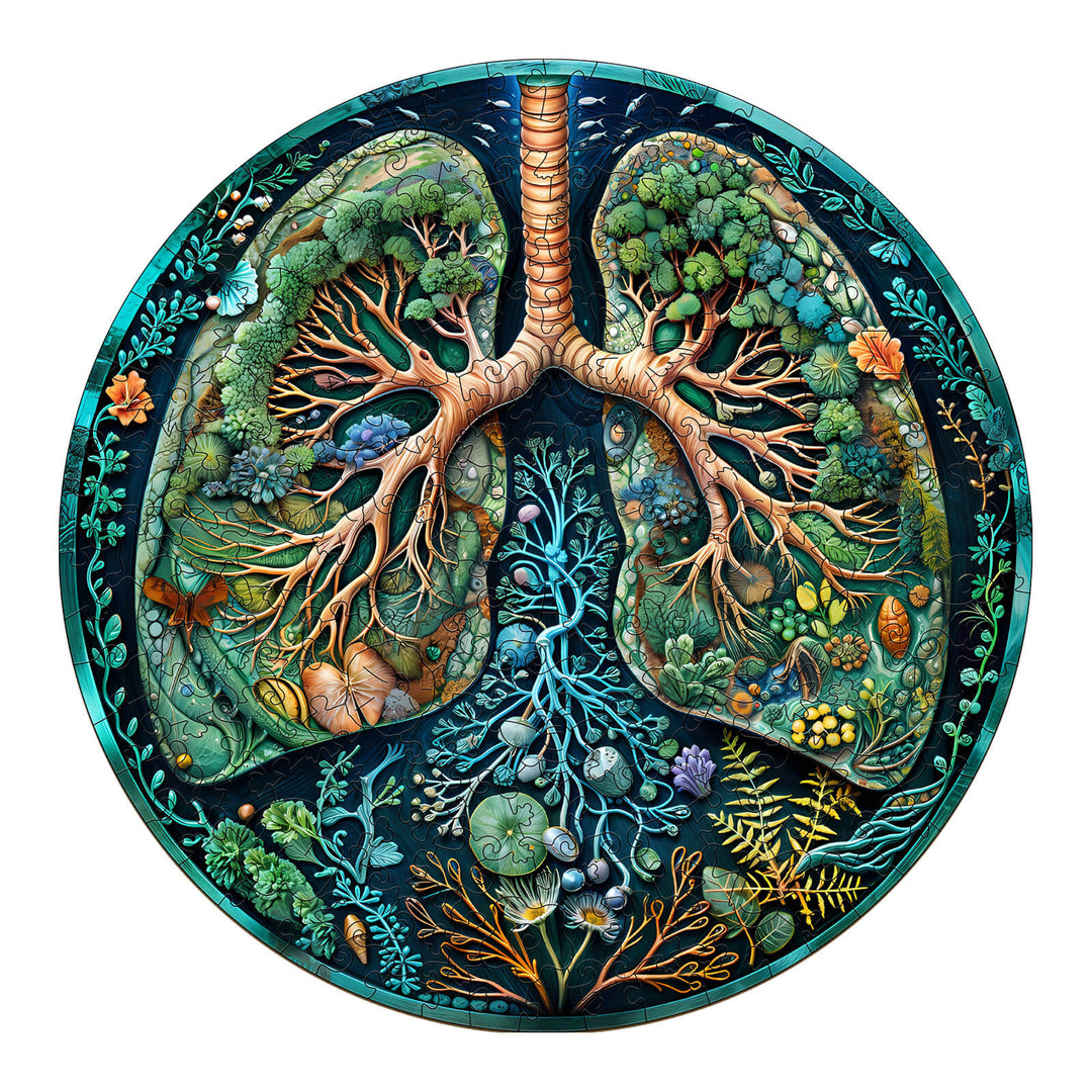Breath of Nature wooden jigsaw puzzle featuring vibrant lungs and forest-themed designs for mind games.