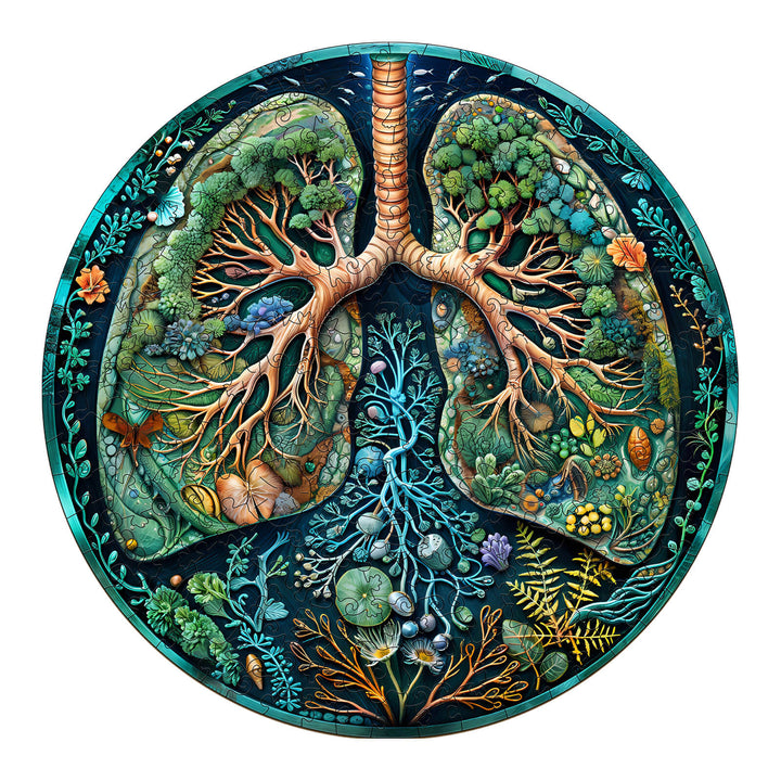 Breath of Nature wooden jigsaw puzzle featuring vibrant lungs and forest-themed designs for mind games.