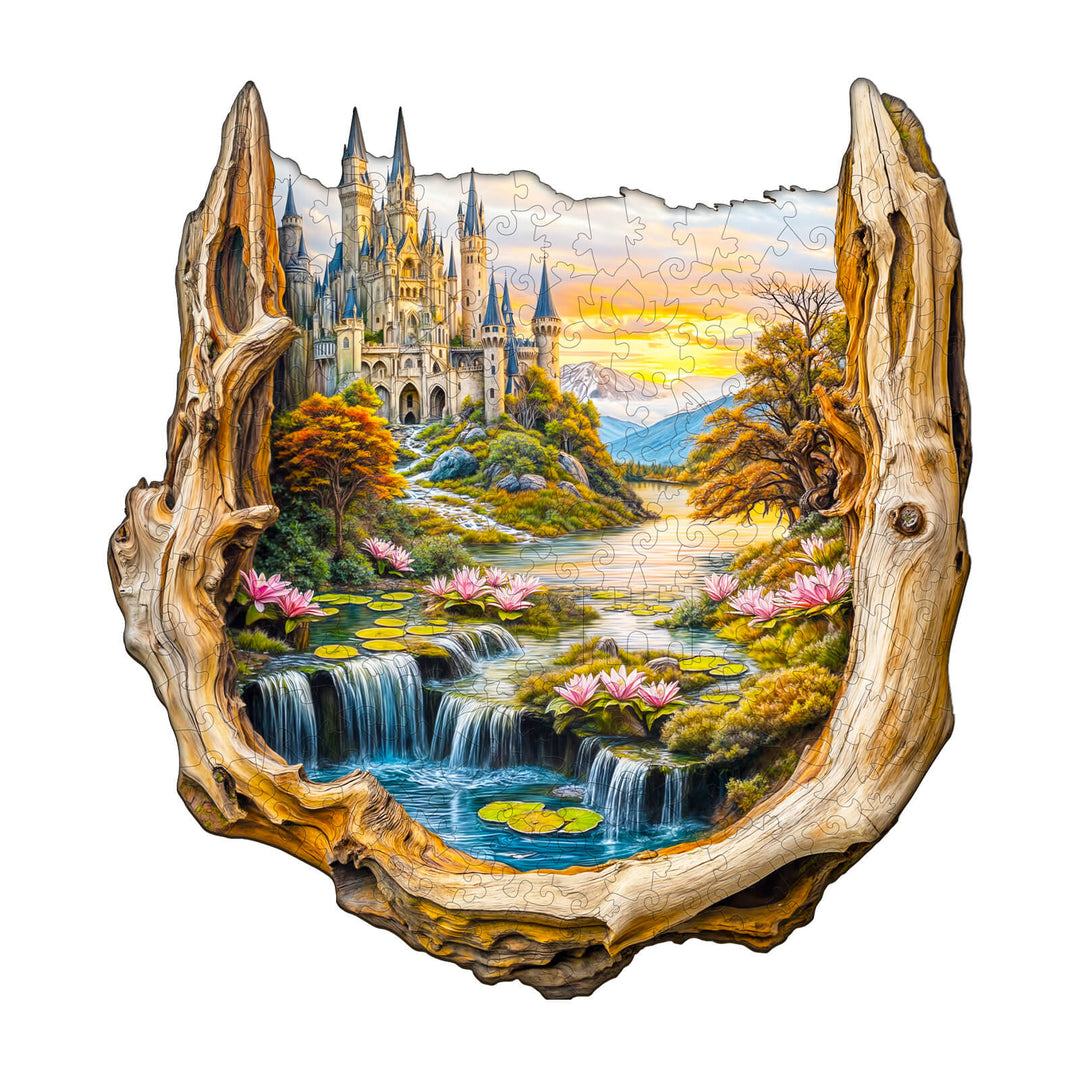 Enchanted Frame-1 wooden jigsaw puzzle showcasing a landscape with waterfalls, castles, and flowers, promoting focus and cognitive skills.