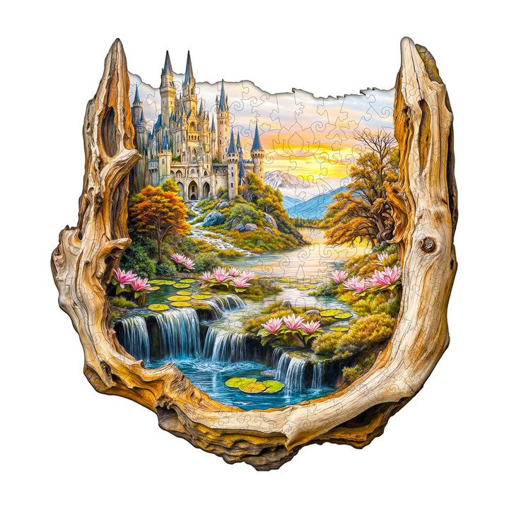 Enchanted Frame-1 wooden jigsaw puzzle showcasing a landscape with waterfalls, castles, and flowers, promoting focus and cognitive skills.