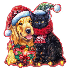 Colorful Christmas jigsaw puzzle featuring a golden retriever and a black cat wearing festive hats and scarves.