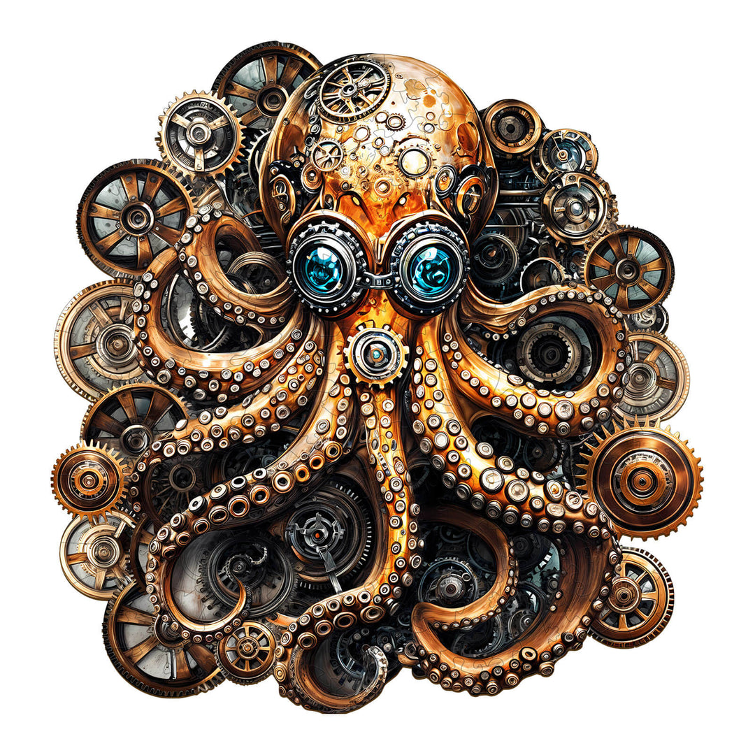 Steampunk Doctor Octopus wooden jigsaw puzzle design featuring intricate gears and colorful octopus illustration.