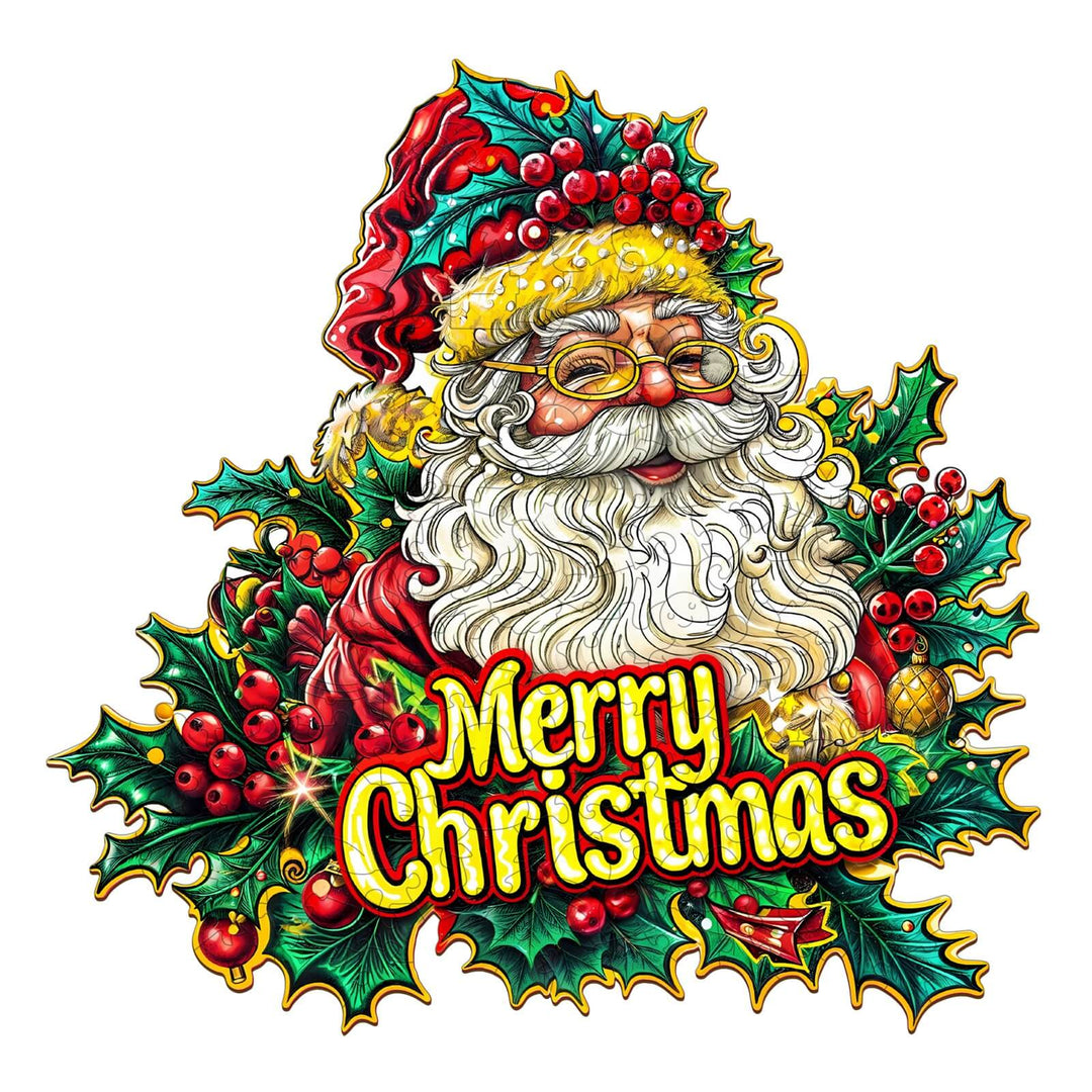 Colorful Merry Christmas design featuring a cheerful Santa surrounded by holly and festive decorations.