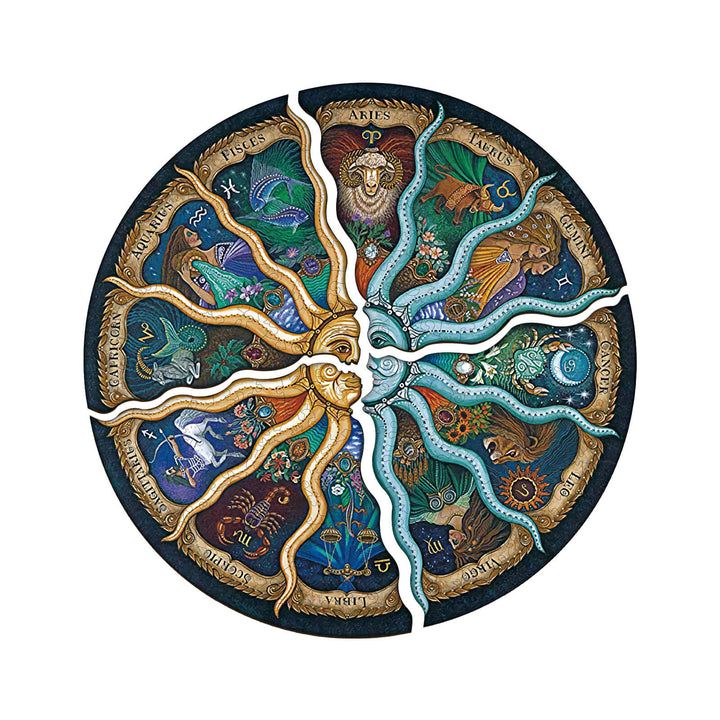 Colorful Zodiac Horoscope jigsaw puzzle showcasing twelve astrological signs, perfect for mind games and focus.