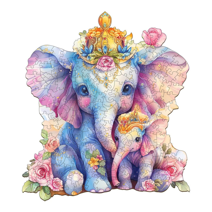Colorful wooden jigsaw puzzle featuring a parent and child elephant surrounded by flowers and crowns.