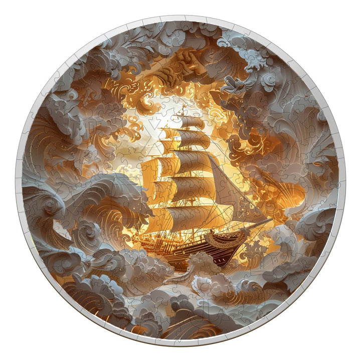 3D Sailing-2 wooden jigsaw puzzle featuring a ship amidst swirling clouds and waves, great for mind games and focus.