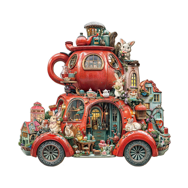 Puzzle en bois en forme de lapin flottant dans une tasse à thé