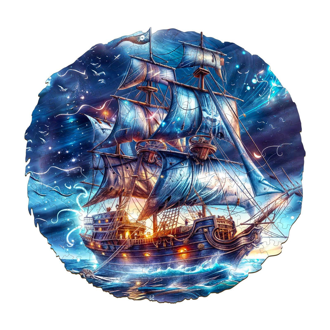 Blue Voyage Wooden Jigsaw Puzzle featuring a beautifully illustrated ship sailing through a stormy ocean, designed for mind games.