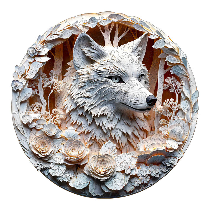 3D Wolf-1 Wooden Jigsaw Puzzle showcasing a detailed wolf head surrounded by intricate floral designs.