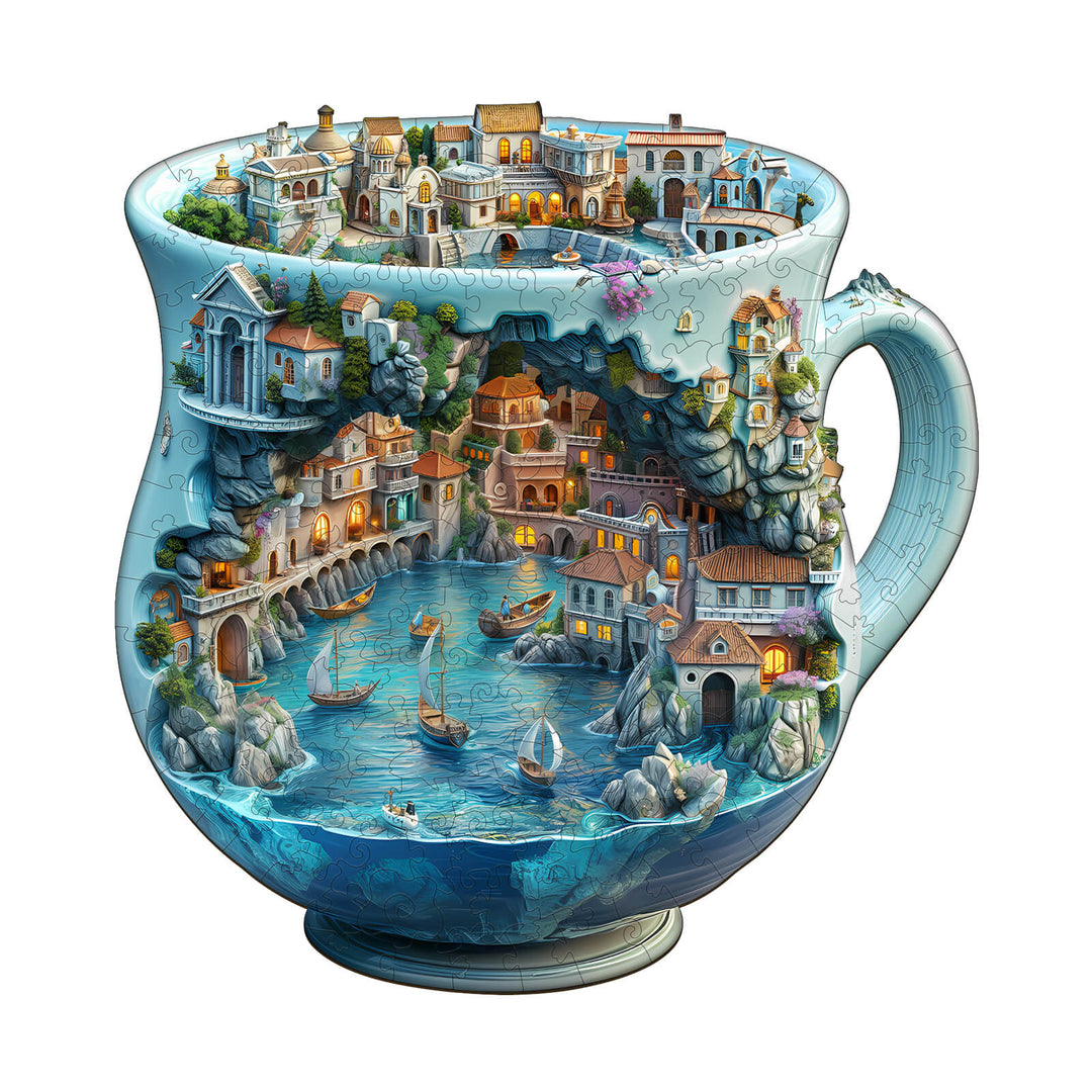 Colorful wooden jigsaw puzzle of a seaside town with a coastal landscape and charming buildings, perfect for mind games.