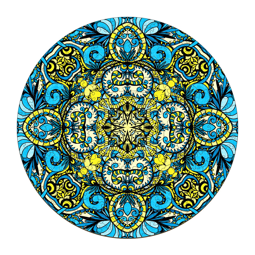 Colorful doodle art mandala with blue and yellow patterns, inspired by artist Lori Anne McKague.