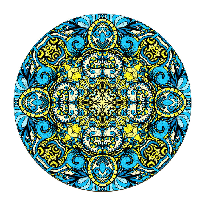 Colorful doodle art mandala with blue and yellow patterns, inspired by artist Lori Anne McKague.