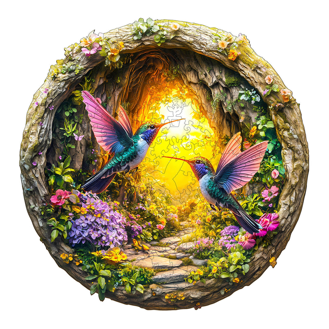 3D Hummingbird in the Cave-1 jigsaw puzzle featuring vibrant hummingbirds and a colorful floral cave.