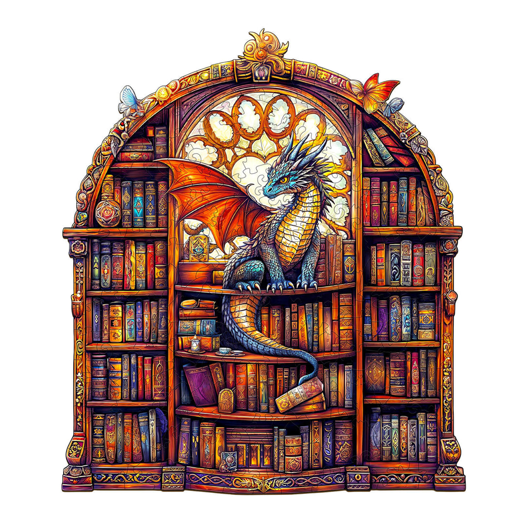 Colorful dragon perched on a wooden bookshelf filled with books, framed by an ornate archway.