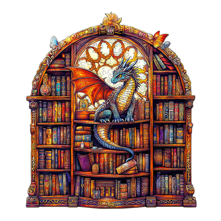 Colorful dragon perched on a wooden bookshelf filled with books, framed by an ornate archway.