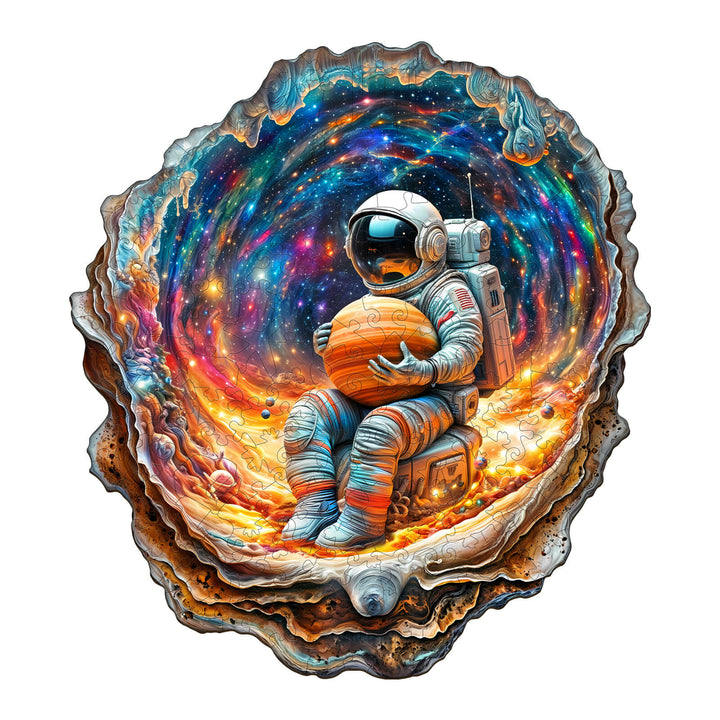 Cosmic Dream Wooden Jigsaw Puzzle featuring an astronaut in a vibrant galaxy-themed shell, perfect for mind games and focus.