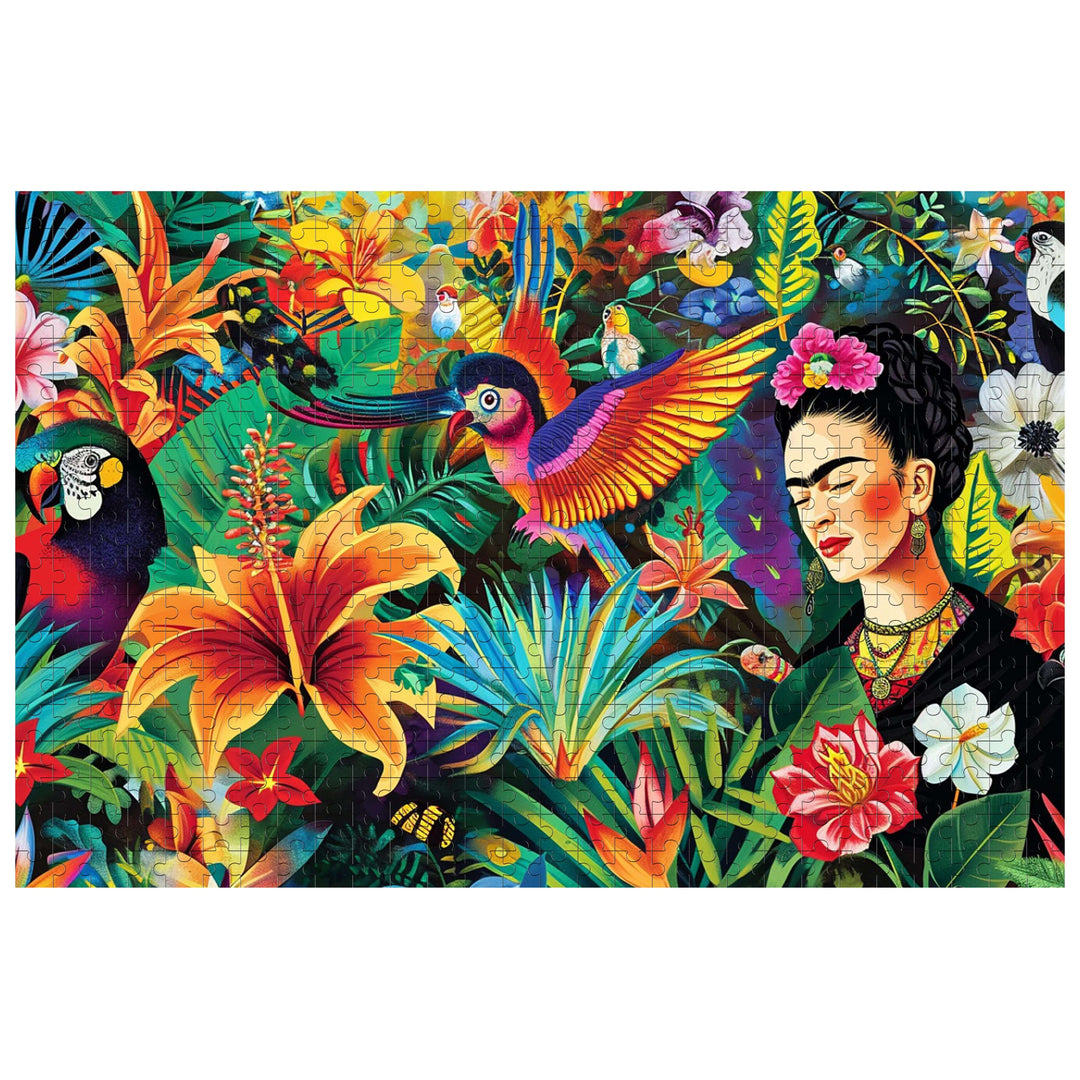 A vibrant jigsaw puzzle featuring a cluster of flowers, colorful parrots, and a serene woman among lush greenery.