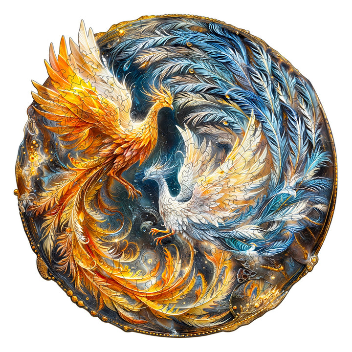 Yin Yang Phoenix-2 wooden jigsaw puzzle featuring vibrant phoenix designs in blue and orange, perfect for enhancing focus and cognitive skills.