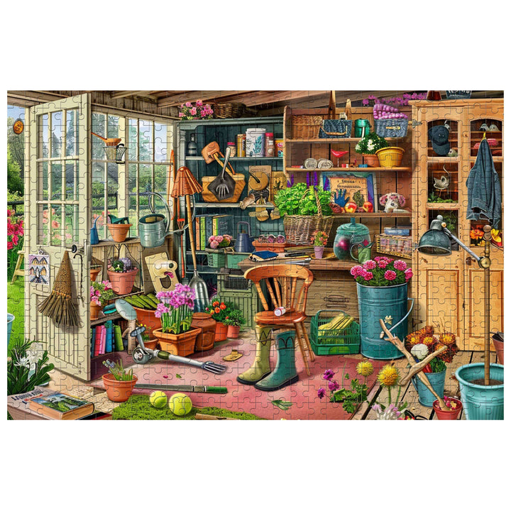 Messy Warehouse 500/1000 piece puzzle depicting a vibrant, cluttered garden shed filled with tools and flowers.