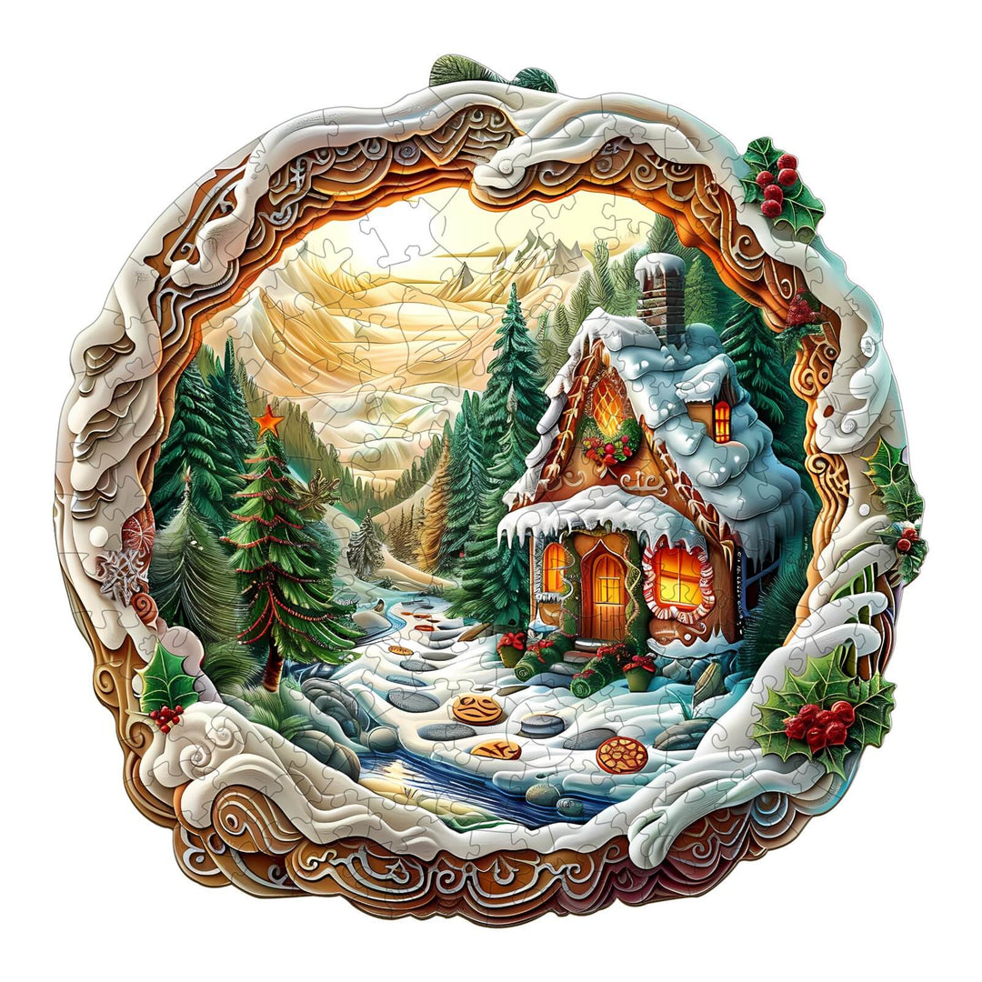 3D Christmas House-1 wooden jigsaw puzzle featuring a snowy scene, perfect for enhancing focus and creativity.