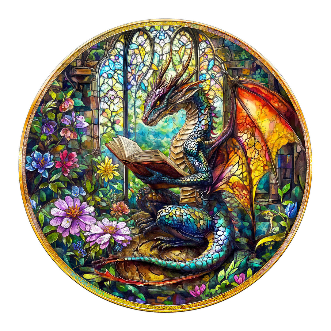 Vibrant dragon reading in a garden, surrounded by colorful flowers and stained glass, perfect for fantasy art lovers.
