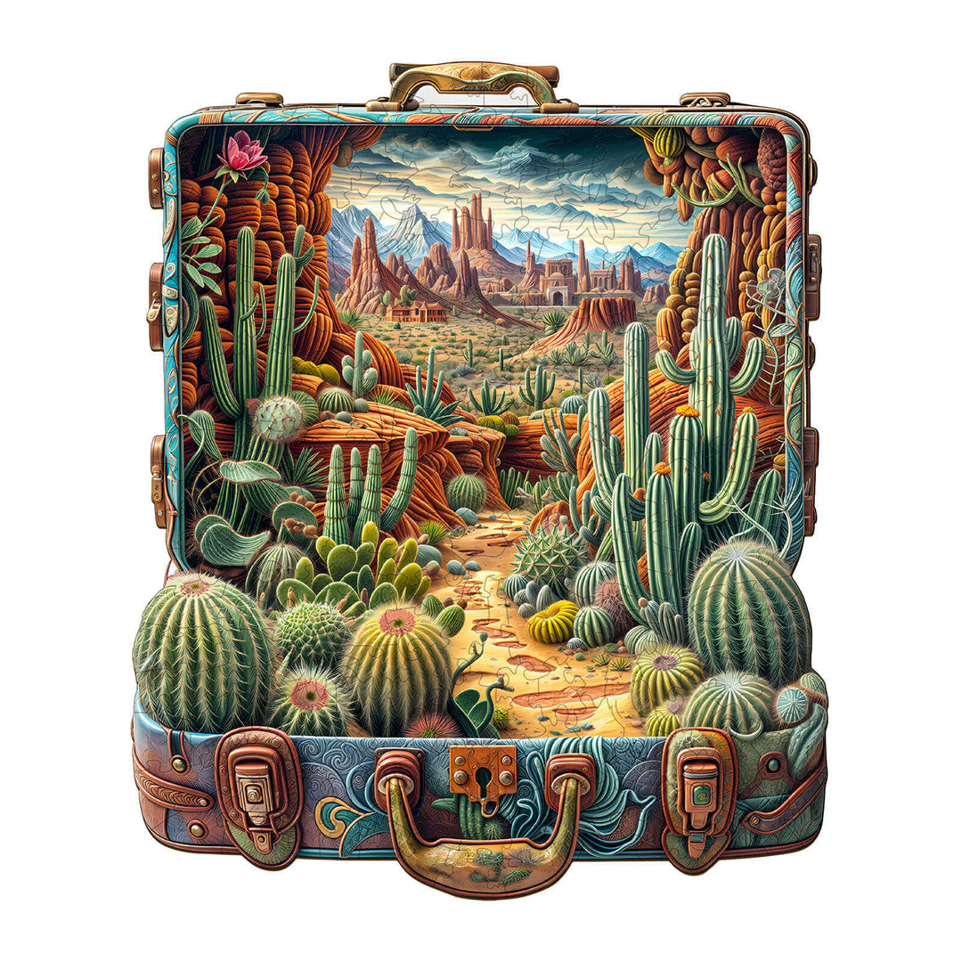 Desert Odyssey-2 wooden jigsaw puzzle featuring a colorful cactus landscape and a scenic desert. Ideal for mind games and focus.