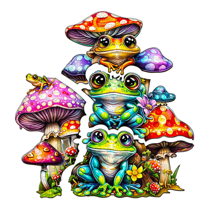 Colorful Frog Family puzzle with vibrant mushrooms, perfect for mindful jigsaw exploration and enhancing focus.