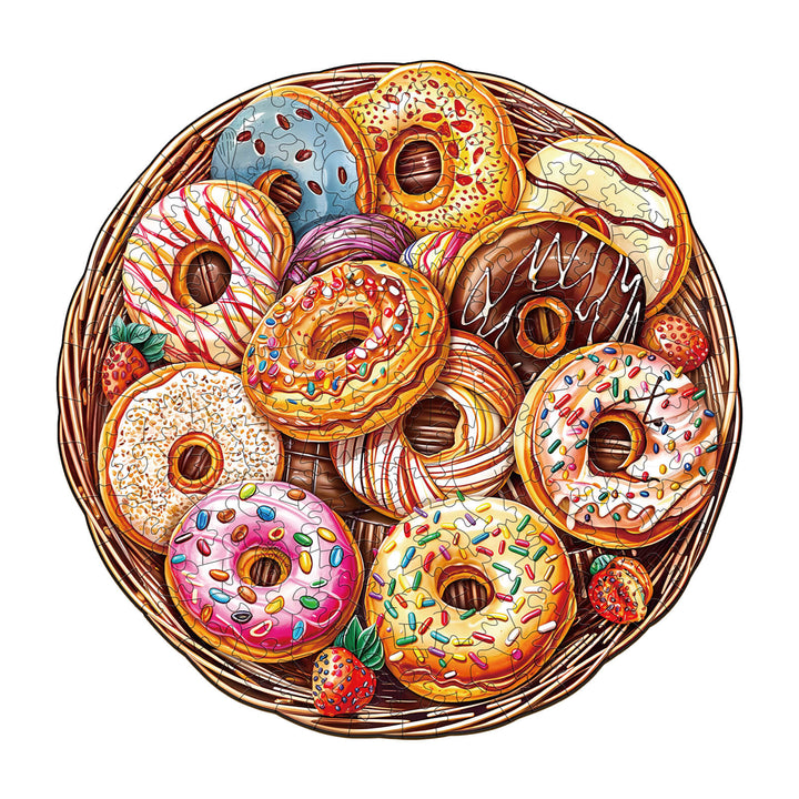 Colorful assortment of donuts in a woven basket, showcasing various toppings and sprinkles, perfect for a jigsaw puzzle design.