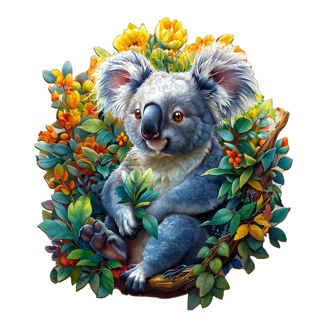 Koala wooden jigsaw puzzle featuring a cute koala surrounded by vibrant flowers and leaves for engaging mind games.