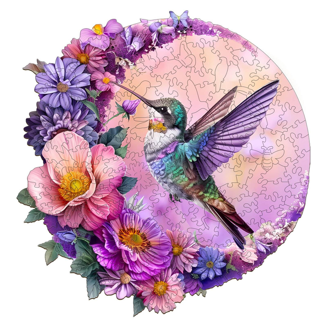 Hummingbird and Moon wooden jigsaw puzzle featuring vibrant flowers and a colorful hummingbird design.