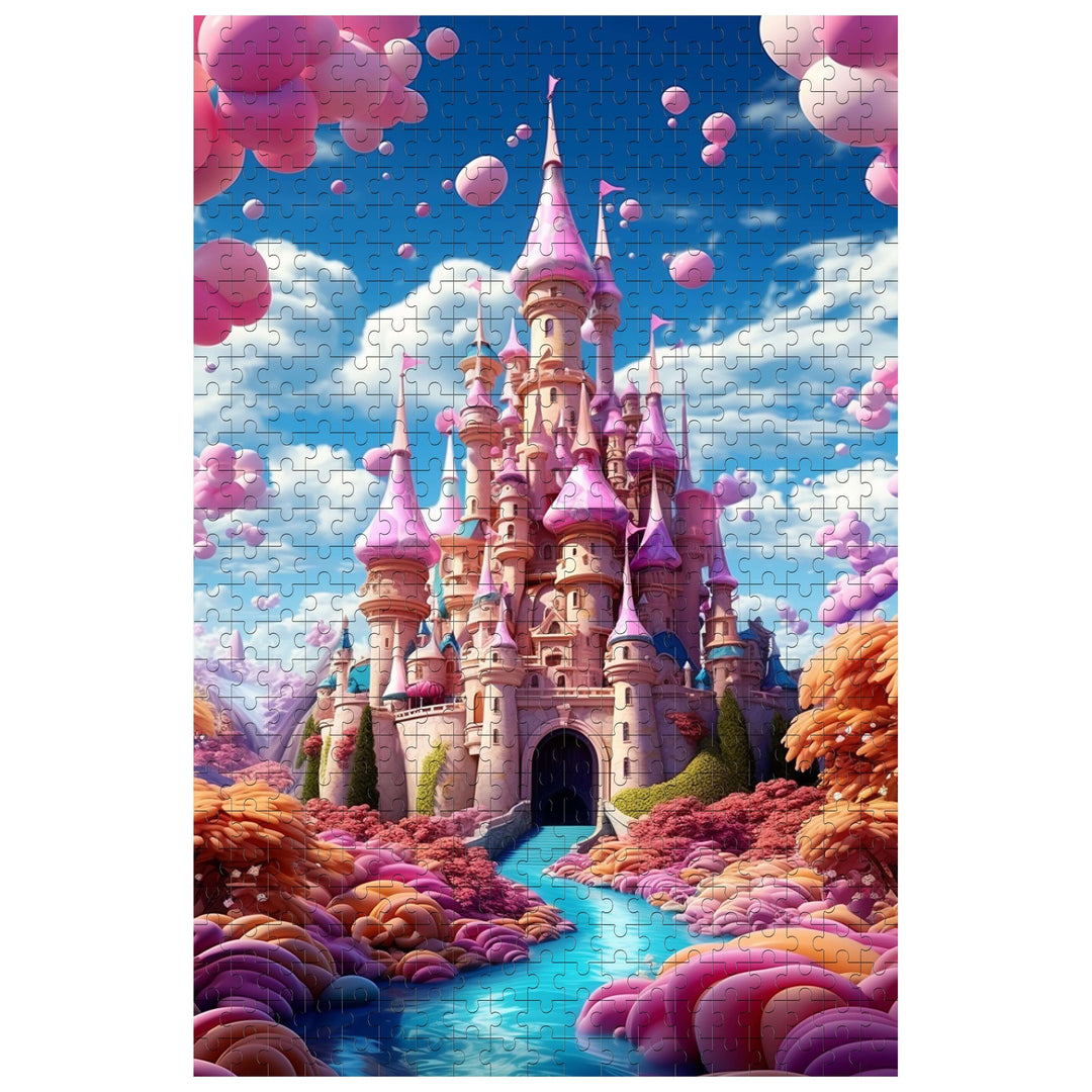 Dream Castle 500/1000 Piece Puzzle featuring a vibrant castle with pink towers and colorful surroundings.